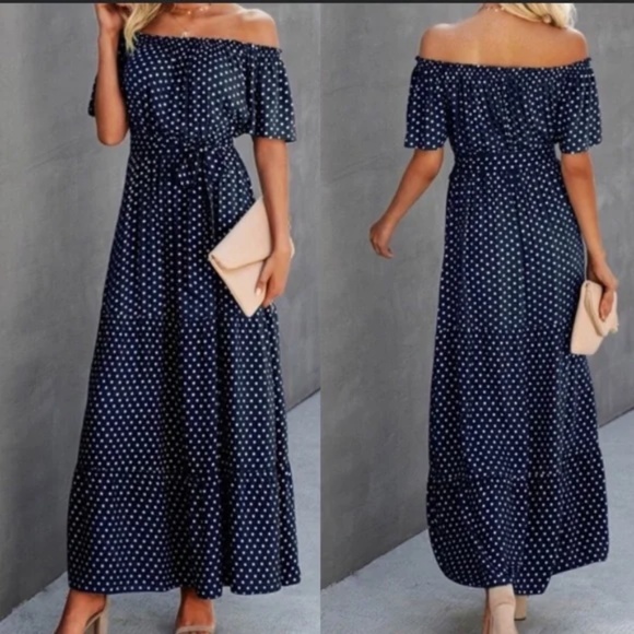 Boho polka dot off shoulder Belted Maxi dress - Picture 2 of 3